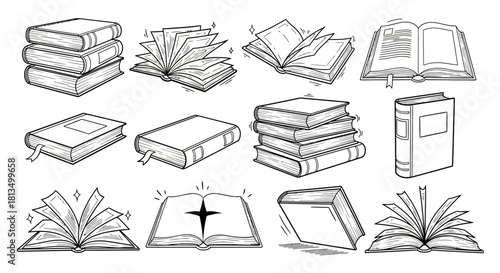 A collection of hand-drawn book illustrations in various states, including open, closed, and stacked, created in a doodle sketch style
