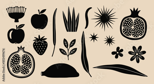 A curated collection of black silhouette icons featuring fruits, flowers, and leaves for modern graphic design projects