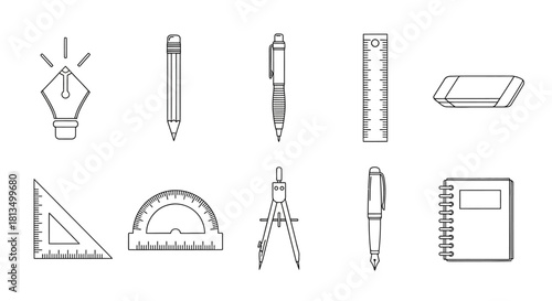 A versatile set of outline icons featuring stationery, school supplies, and drafting instruments for graphic design
