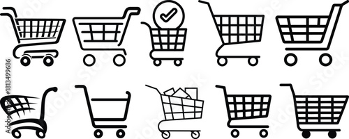 Shopping cart icon set. Shopping trolley in outline. Web cart in line. Shop symbol in black. Trolley icon. Stock vector illustration.A simple line art illustration of a shopping cart. 