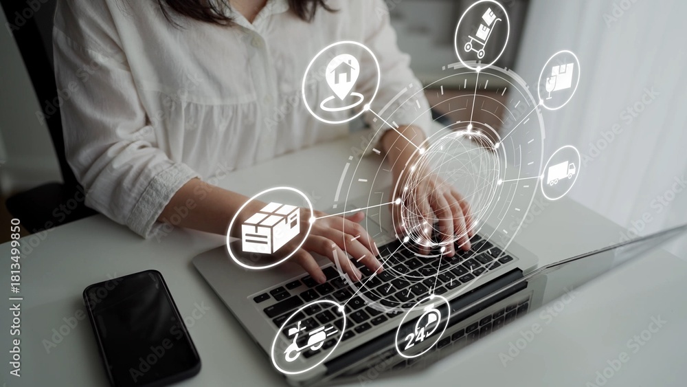 Fototapeta premium Goods delivery tracking icons show shipping, goods delivery routes, and loFunnelics monitoring. Goods delivery tracking ensures timely goods delivery, secure handling, and accurate tracking. Funnel
