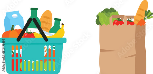 Grocery basket and paper bag with fresh food, shopping concept, healthy produce, eco-friendly containers, flat vector illustration