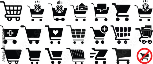 Shopping cart icon set. Shopping trolley in outline. Web cart in line. Shop symbol in black. Trolley icon. Stock vector illustration.A simple line art illustration of a shopping cart. 