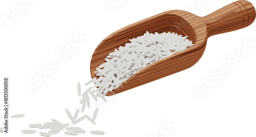 Wooden scoop with white rice grains, kitchen utensil, food ingredient, cooking concept, rustic style, flat vector illustration