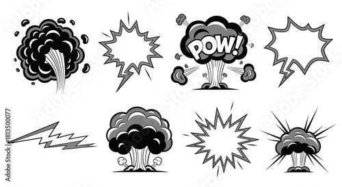 A collection of monochrome comic book action elements, featuring explosions, smoke clouds, lightning bolts, and burst graphics for design