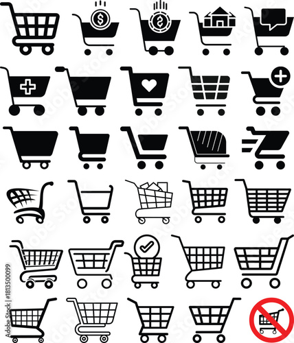 Shopping cart icon set. Shopping trolley in outline. Web cart in line. Shop symbol in black. Trolley icon. Stock vector illustration.A simple line art illustration of a shopping cart. 