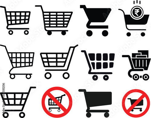 Shopping cart icon set. Shopping trolley in outline. Web cart in line. Shop symbol in black. Trolley icon. Stock vector illustration.A simple line art illustration of a shopping cart. 