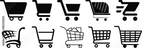 Shopping cart icon set. Shopping trolley in outline. Web cart in line. Shop symbol in black. Trolley icon. Stock vector illustration.A simple line art illustration of a shopping cart. 