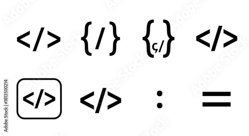 A collection of minimalist line icons representing programming code and software development symbols for web design