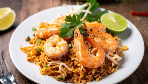 Delicious stir-fried shrimp with noodles, fresh vegetables, and lime on a stylish plate for culinary presentation