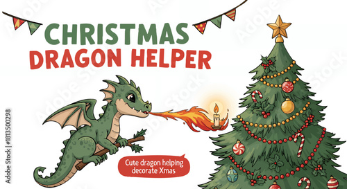 An illustration of a cute green dragon using its fire breath to light candles on a Christmas tree decorated with ornaments and topped with a star.