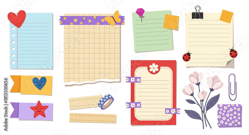 Digital journaling and scrapbooking supplies kit featuring decorative paper notes, washi tape, and cute stickers for planners