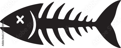 Dead Fish Icon: A stark, black silhouette of a fish skeleton, with a graphic 'X' marking its eye, symbolizes marine life demise.