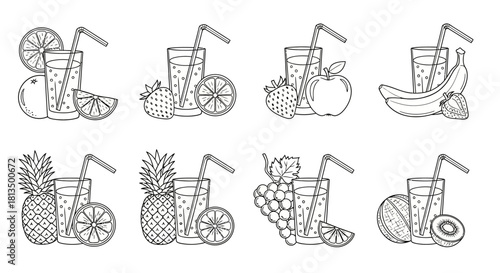 A versatile set of fruit juice vector line icons, featuring fresh fruit combinations in glasses with straws