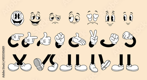 Retro cartoon character constructor kit with various face emotions, gloved hands, and walking legs for classic animation