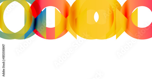 Colorful overlapping circles create abstract pattern. Bright hues dominate composition, offering modern aesthetic. Simple design.