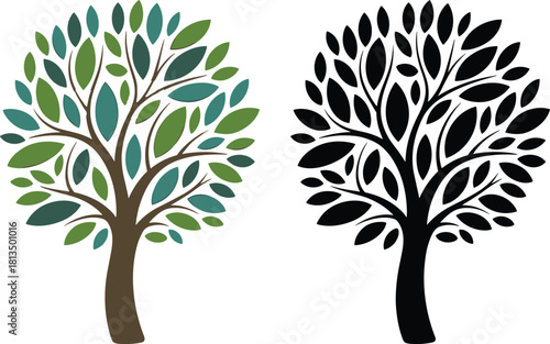 Two trees, one with green and teal leaves, the other a black silhouette brown