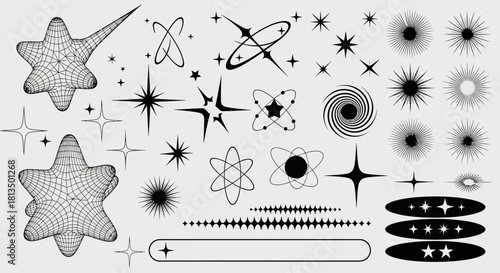 A versatile vector collection of abstract geometric shapes, Y2K stars, and celestial symbols for futuristic design projects