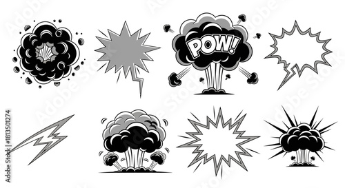 A monochrome set of comic book style explosions, pow sound effects, and action bubbles. Vector illustrations in a retro pop art design