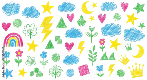 Colorful collection of cute hand-drawn doodle elements with a crayon scribble texture, featuring stars, clouds, hearts, and a rainbow for kids' designs