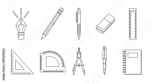 A diverse set of minimalist outline icons representing stationery, school supplies, and architectural drawing tools for creative projects