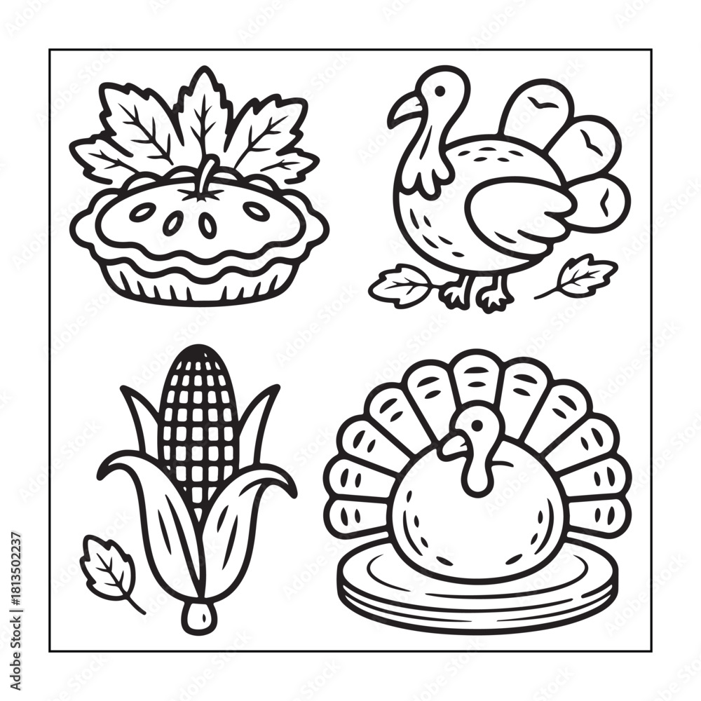 Fototapeta premium Chicken Drumstick Illustration Icons Set with Corn and Wheat on White Background, Decorative Line Art Style for Food Menu Design and Thanksgiving