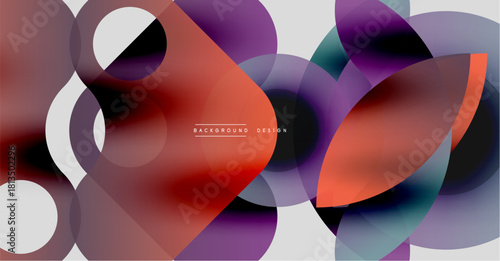 Abstract shapes overlap, creating vibrant color gradients. Red, purple, orange hues dominate design. Modern, fluid composition.