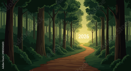 Enchanting forest path leading to a bright future in 2026, a beautiful journey of possibilities and opportunities, perfect for new beginnings