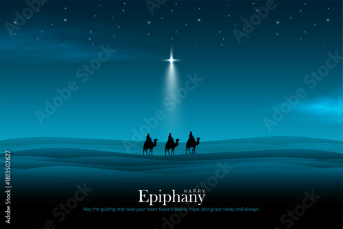 Three wise men silhouette in desert following glowing star. Happy epiphany day vector illustration.	