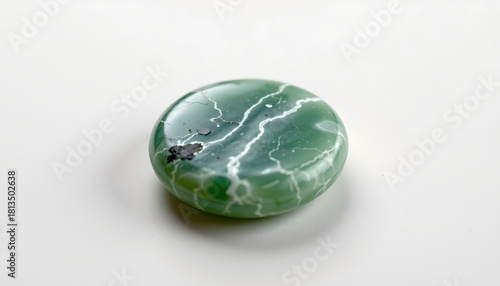 A green jade stone with intricate patterns placed on a white background.
