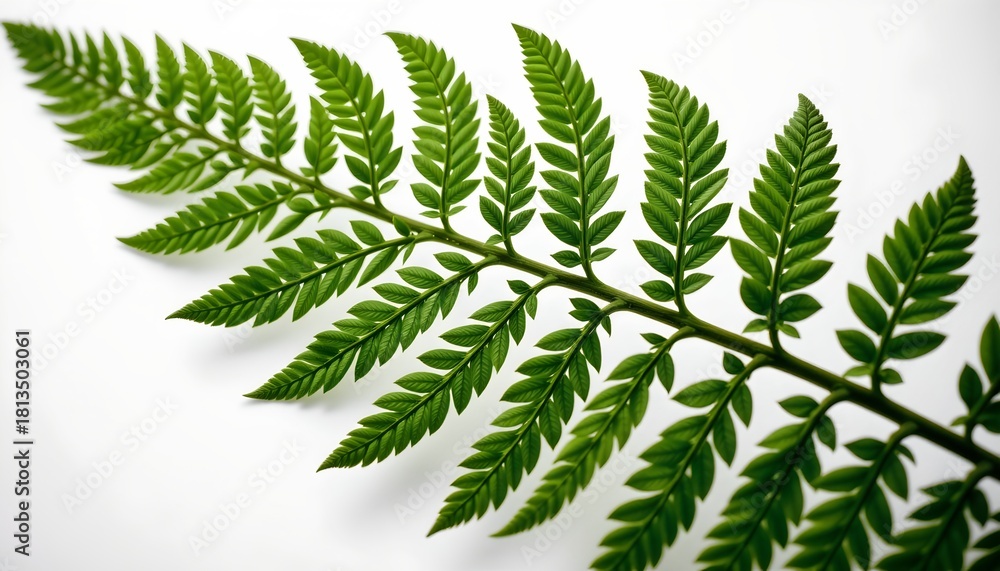 Naklejka premium A single fern branch with delicate, green fronds against a blurred white background. The fern appears to be fresh and healthy, with each leaf exhibiting a natural variation in size and shape