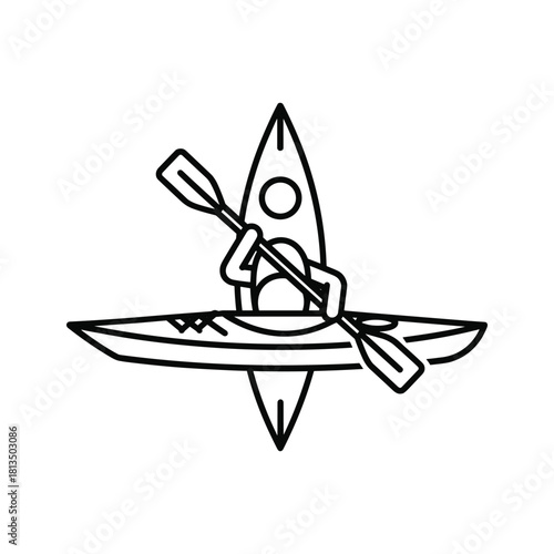 Person kayaking with paddle in a kayak, line art isolated on