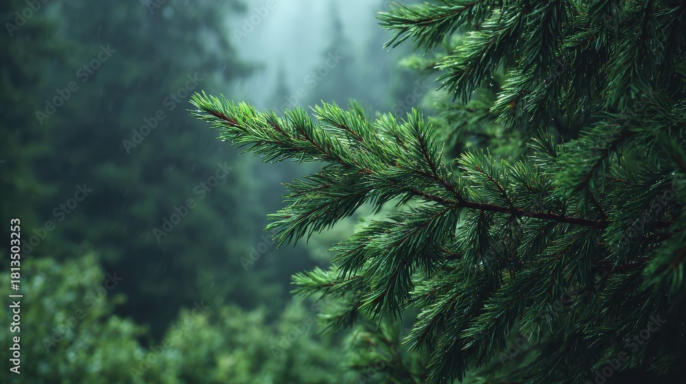 Obraz premium Close-up of a lush green pine branch in a misty forest setting.