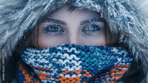 Close Up Portrait of Frost Covered Woman With Frozen Eyelashes Winter Breath Vapor and Intense Cold Weather Survival Atmosphere in Snowy Conditions