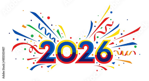 Vibrant 2026 Celebration Design for New Year's or Future Event Announcements with Colorful Confetti and Festive Ribbons on White Background