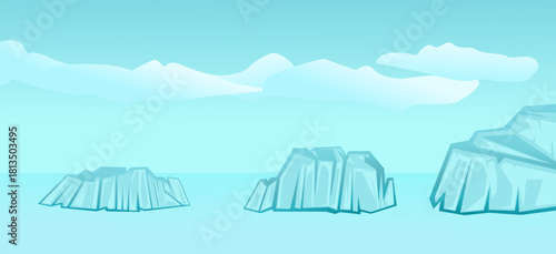 Arctic glacier landscape. Illustration of a rising iceberg. Global warming. Icebergs floating, drifting, and melting. Panorama of Antarctica, cold ocean water and beautiful clouds.