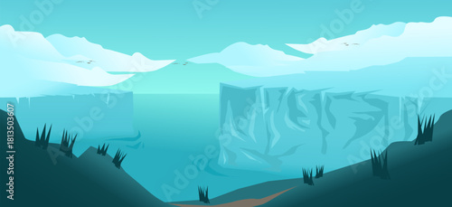 Iceberg view. Hilltop illustration. Travel, global warming, and nature concepts. Beautiful natural panorama and the sky above the iceberg.
