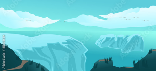 Iceberg view. Hilltop illustration. Travel, global warming, and nature concepts. Beautiful natural panorama and the sky above the iceberg.
