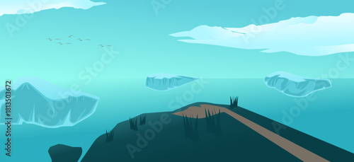 Iceberg view. Hilltop illustration. Travel, global warming, and nature concepts. Beautiful natural panorama and the sky above the iceberg.
