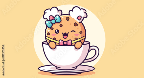 Cartoon cookie character in a teacup with decorations on a yellow background
