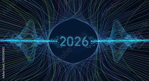 Vibrant 2026 New Year design with glowing lines, perfect for digital marketing campaigns and futuristic tech promotions, a symbol of progress and innovation