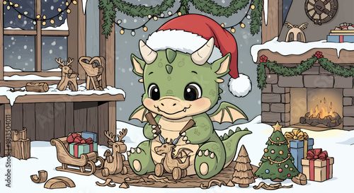 A cute baby dragon wearing a Santa hat sits amidst wood shavings, carving a small wooden reindeer in a snowy workshop decorated for Christmas.