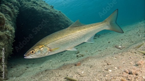 An adult Ocean Whitefish (Caulolatilus princeps) swimming over a sandy and rubble seafloor in its natural deep-water habitat.