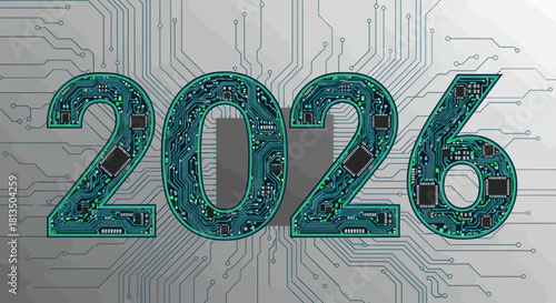 Futuristic 2026 design with circuit board texture, representing innovation, technology trends, and digital transformation for new era projects