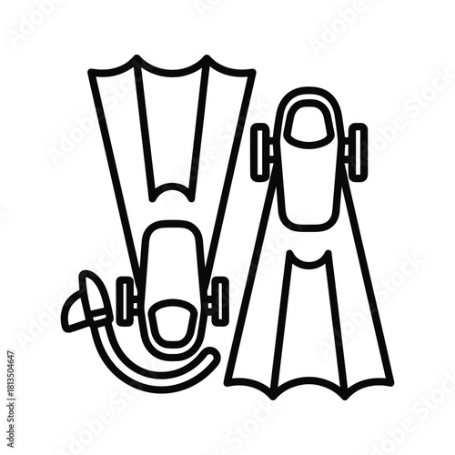 Pair of flippers for swimming isolated on, black line drawing