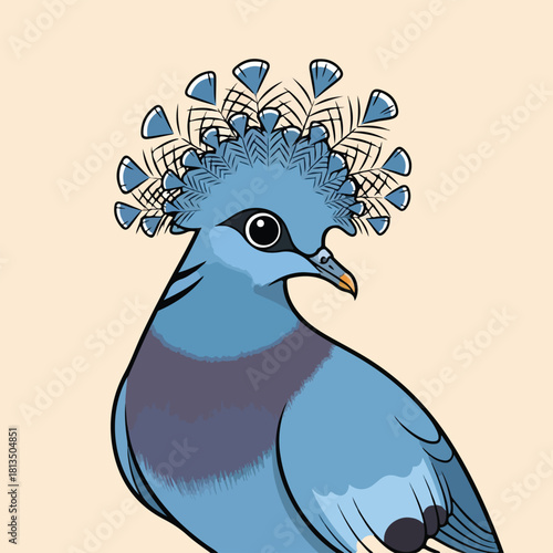 Cute cartoon vector illustration of a happy blue bird character with a funny beak on a tree branch, perfect for a fun nature design icon