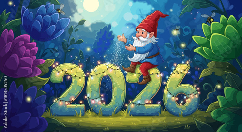 Enchanting 2026 New Year Celebration with Whimsical Gnome Spreading Magic Dust in a Blooming Garden Under a Sparkling Moonlit Sky