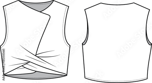 “Stylish women’s sleeveless wrap crop top technical flat sketch with draped front design, fashion vector template for apparel designers”