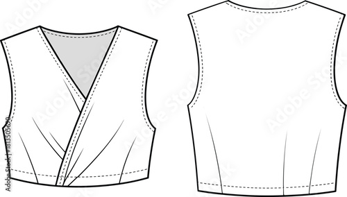 “Stylish sleeveless wrap crop top technical flat, detailed CAD fashion drawing with darts, clean lines, sewing details, vector illustration”