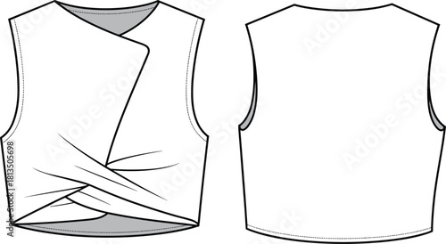 “Stylish women’s sleeveless wrap top technical flat sketch, fashion CAD drawing with draped front detail and clean back view illustration”